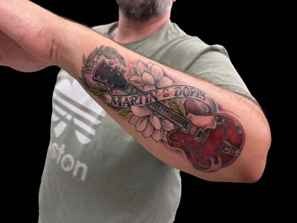 Customized Memorial tattoo, guitar color