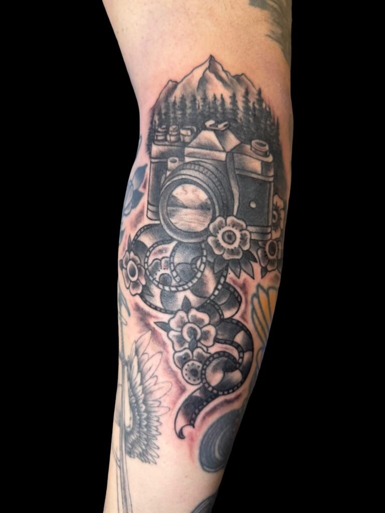 Photography tattoo black grey