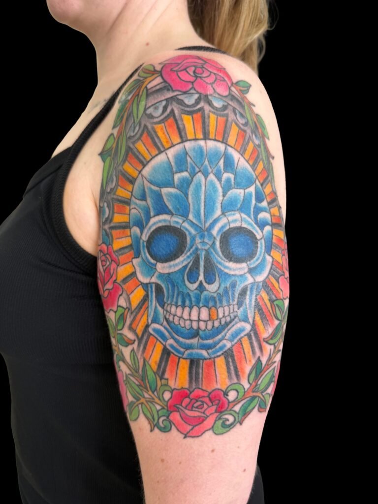 Stained glass skull tattoo, Rocky shores tattoo company, Jen beirola