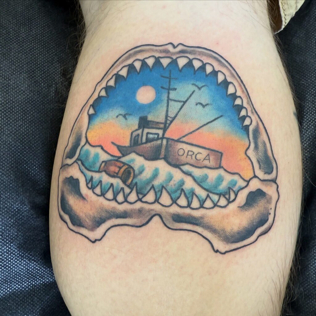 american traditional jaws tattoo