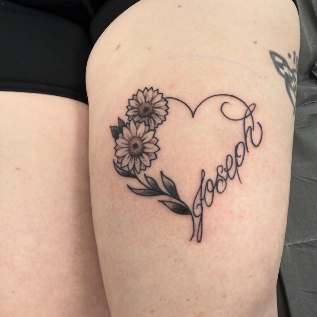 custom script tattoo heart flowers