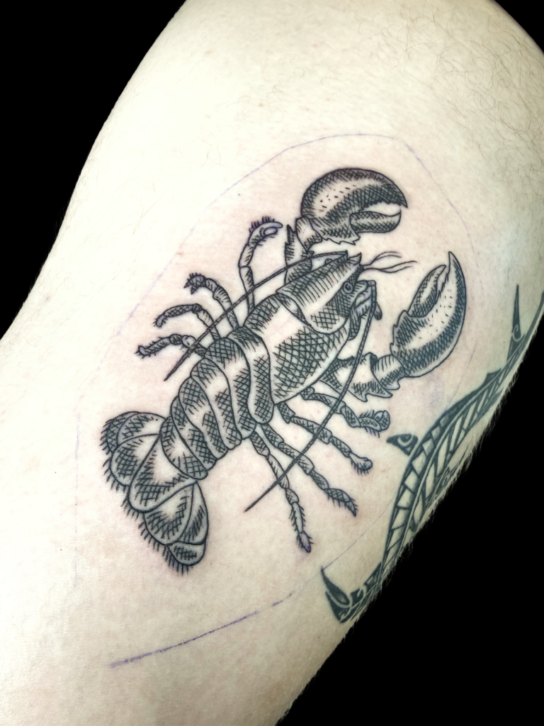 linework lobster, nautical Tattoo, Newport, RI