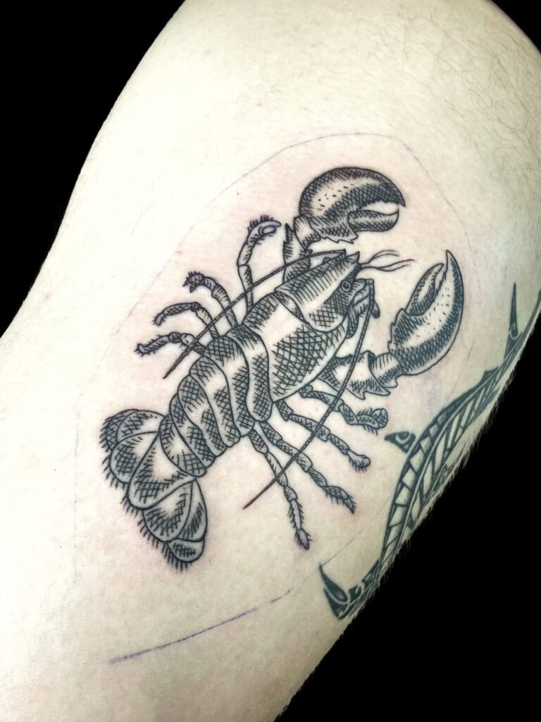 linework lobster, nautical Tattoo, Newport, RI